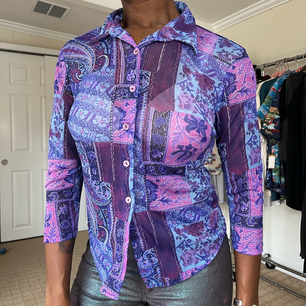 Purple and pink see through mesh to button up paisley funky design small/medium